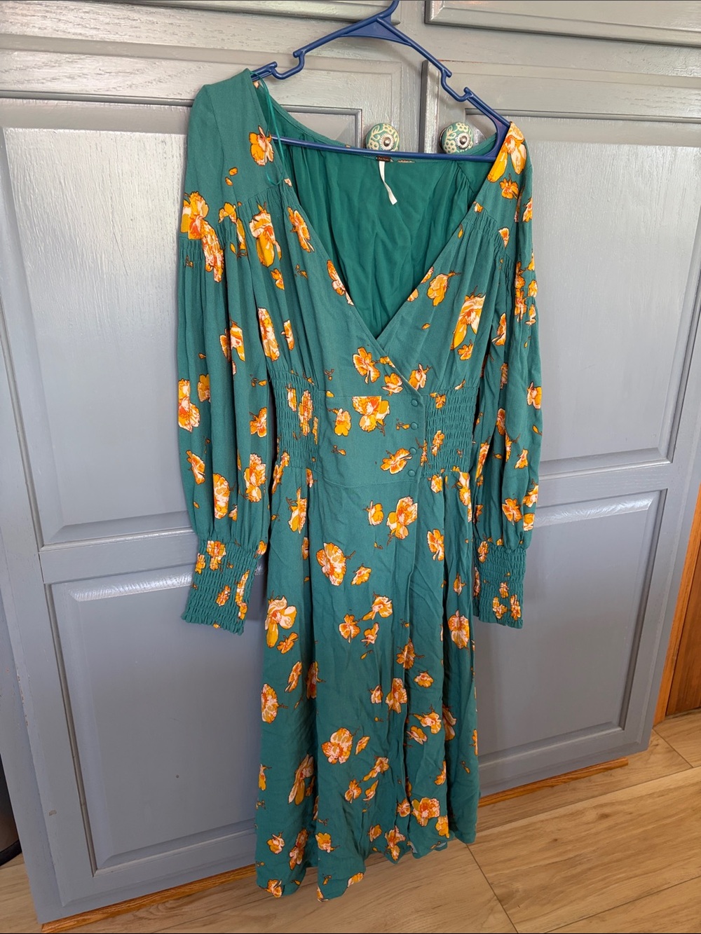 Free People Teal Green Floral V-Neck Midi Dress with Yellow Blossoms